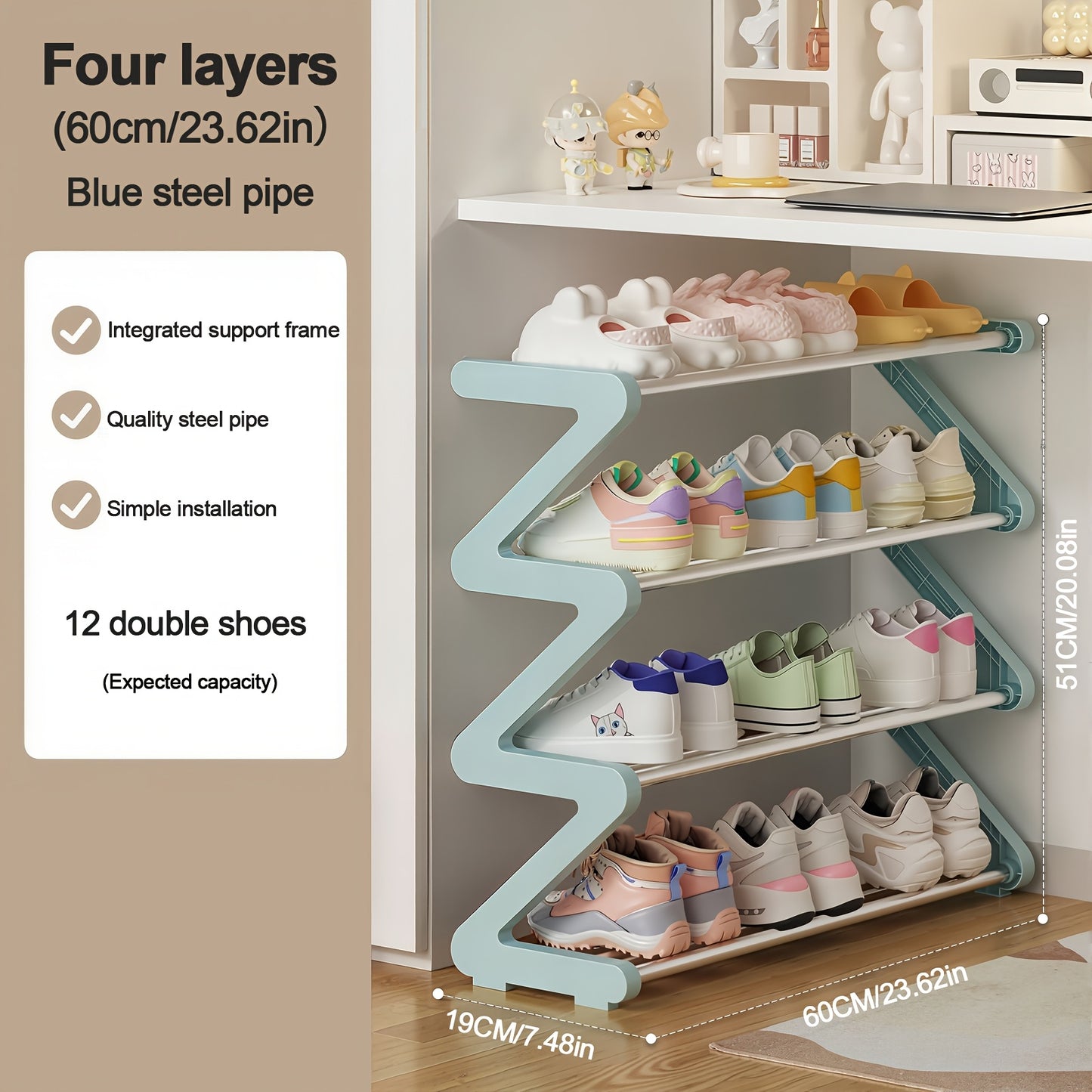 4-Tier Shoe Rack Upgraded Metal Tubes – Multi-Layer Shoe Storage Organizer with Thickened Plastic Parts for Entryway, Doorway, Bedroom, Hallway & Dorm – Graphite Black, Pink, Gray & Blue