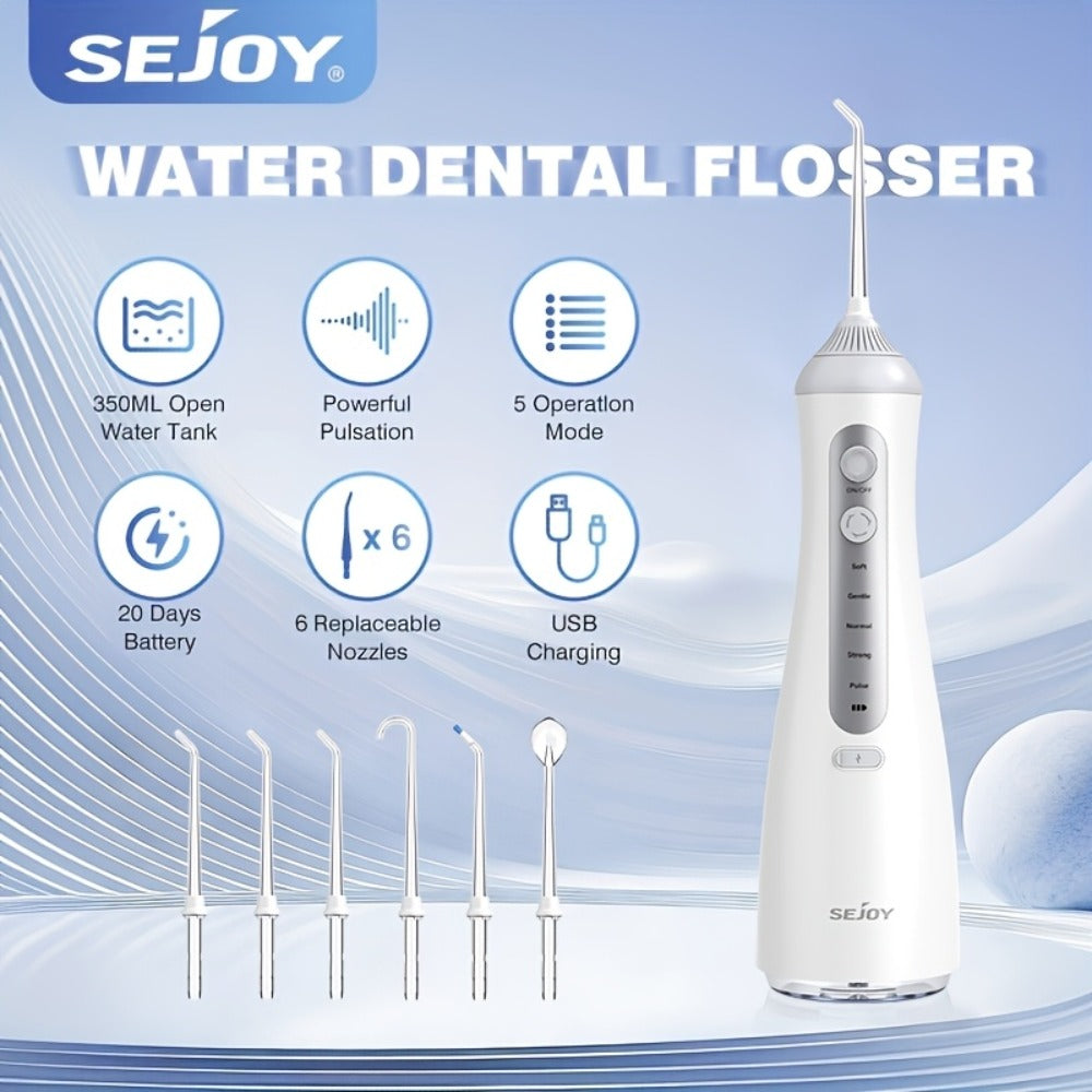 Water Flosser Electric Oral Irrigator 9 Replaceable Nozzles 350mL Tank 20-Day Battery 360° Rotatable Tip Intelligent Pressure Control Deep Teeth Gum Cleaning