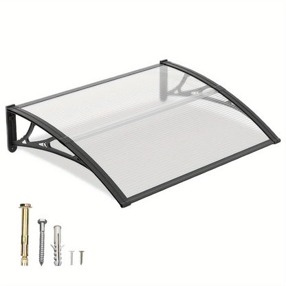 Polycarbonate Window Awning Door Canopy - UV Rain Snow Sun Protection Overhang for Doorways, Patio & Windows, Multiple Sizes, Black/Gray Bracket with Blue/Clear/Brown Board