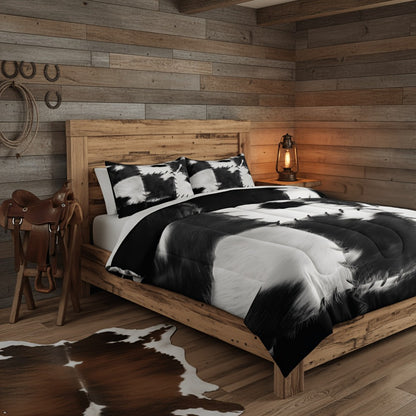 Cowhide Print Comforter Set 2/3pcs, Farmhouse Western Faux Animal Fur Bedding, Patchwork Cow Skin Quilt Set for All Beds, Soft Cozy Grey White