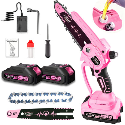 Mini Chainsaw 6 Inch 21V Cordless Battery Powered | Handheld Electric Chain Saw for Tree Branch Trimming Wood Cutting | Lightweight Portable Pruning Saw Pink