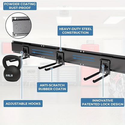 Garage Tool Organizer Wall Mount 48" – Heavy Duty Pegboard with Adjustable Swivel Hooks, 1 Double Hook & 5 Straight Hooks, Holds 420lbs, Broom Holder for Yard Tools, Shovels, Hoses & Garden Equipment