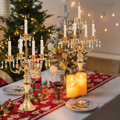 Metal Candelabra Centerpiece 2 Pack – 5-Arm Golden Taper Candle Holder Stand 20.3" Tall for Wedding Table Decor, Party, Church, Dining Room, Christmas & Halloween Vintage Event Decoration