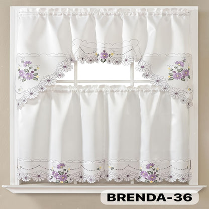Kitchen Curtains 3 Piece Set Embroidered Satin Valance and Tiers - Rod Pocket Light Filtering Machine Washable 46 Colors Available All Season Home Decor