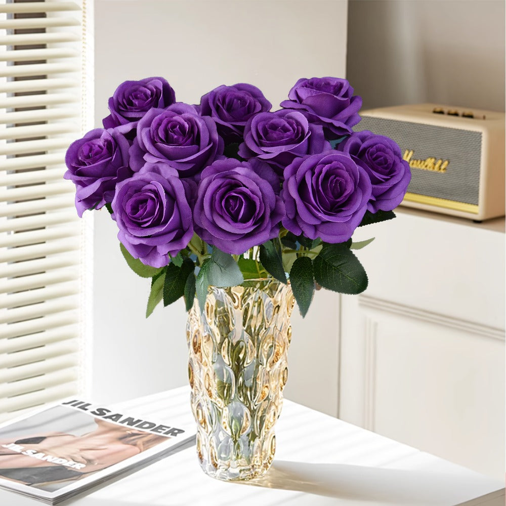 10pcs Artificial Silk Roses Bulk - Fake Flowers for Wedding Home Decor, 19.69" Long Stem, Deep Purple & Dark Green