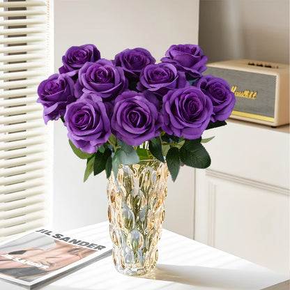 10pcs Artificial Silk Roses Bulk - Fake Flowers for Wedding Home Decor, 19.69" Long Stem, Deep Purple & Dark Green