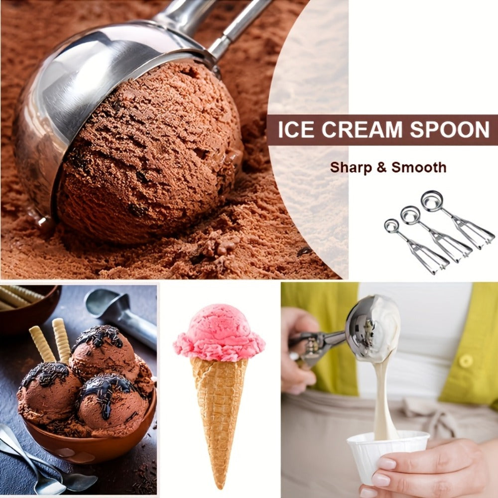 Ice Cream Scoop Set 3pcs Stainless Steel Cookie Scoop Trigger Release Fruit Scoop Watermelon Baller Dough Scoop for DIY Desserts Baking Ice Cream Shops