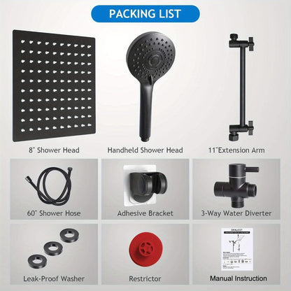 Rainfall Shower Head with Handheld Combo – 8" High Pressure Rain Shower, 5-Setting Adjustable, Anti-Leak with 11" Extension Arm, Holder & Hose, Height & Angle Adjustable