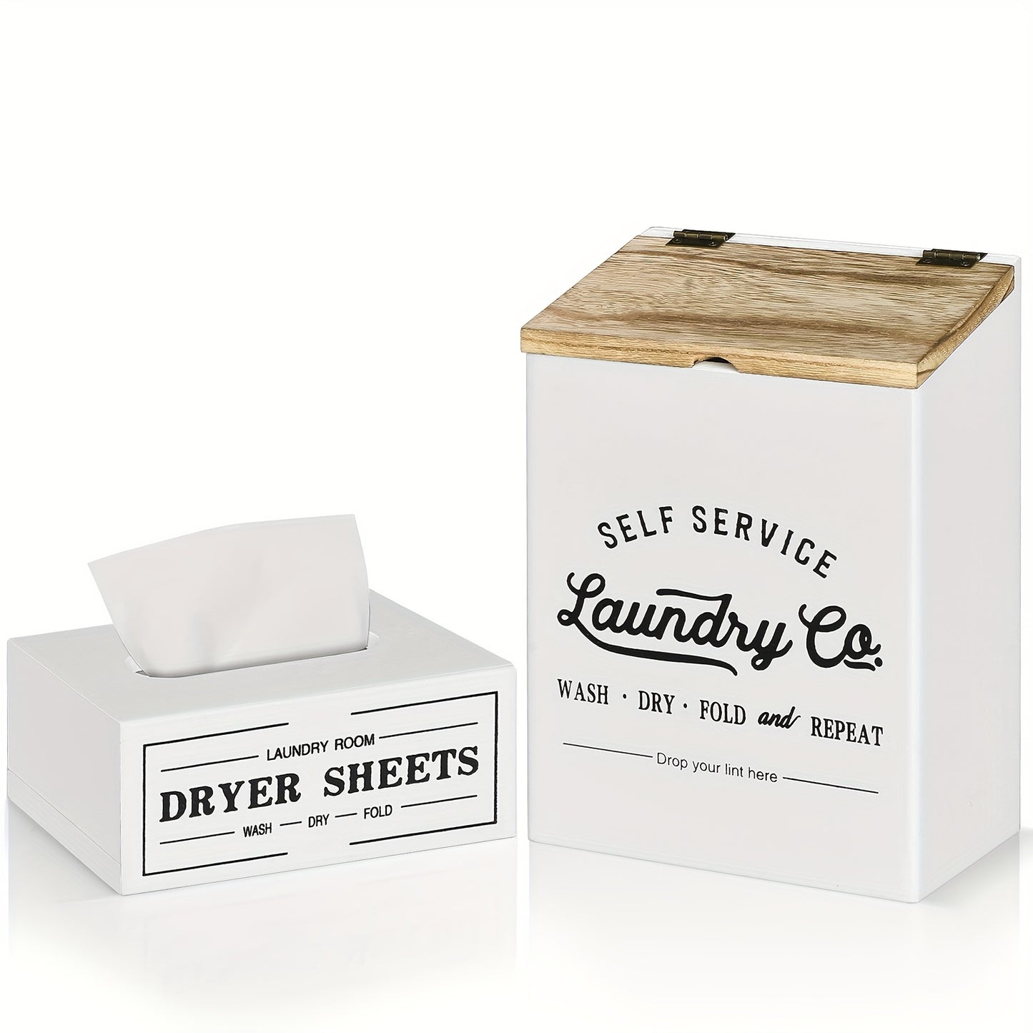 Magnetic Lint Holder & Dryer Sheet Dispenser 2-Pack, Farmhouse Wooden Lint Trash Can with Lid for Dryer, Wall Mount Dryer Sheet Box Organizer for Laundry Room Decor, Magnetic Laundry Organizer Set