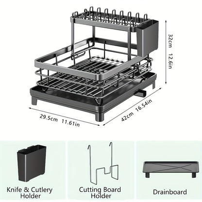 2-Tier Dish Drying Rack with Drainboard & Mat – Metal Dish Rack for Kitchen Counter with Knife Fork Cup Holder