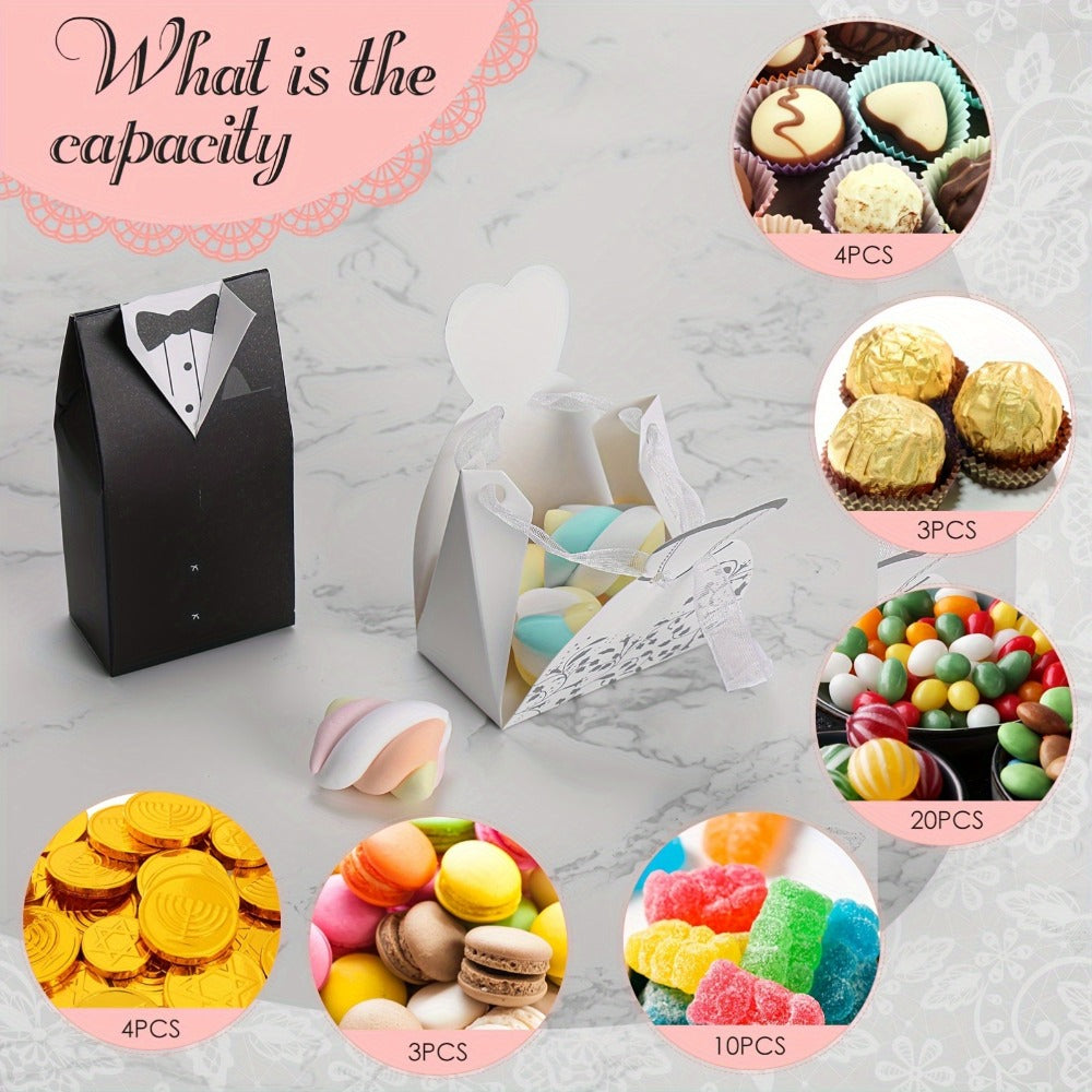 100 Pcs Wedding Party Favor Boxes Dress & Tuxedo Candy Gift Boxes with Ribbon – Vintage Bridal Shower Birthday Treat Bags Bulk Decoration