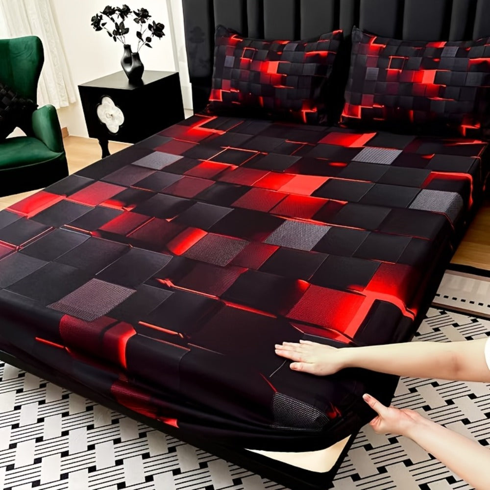 Fitted Sheet Set 3pcs Plaid Digital Print Deep Pocket 15" All Season Bed Sheet + 2 Pillowcases No Filling Twin Full Queen King