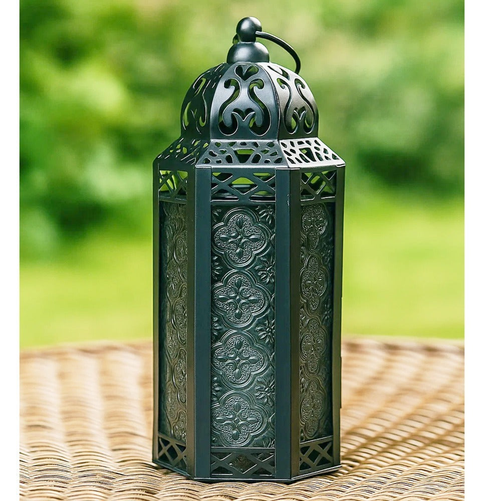 Moroccan Candle Lantern Holder - Decorative Metal & Glass Lantern with Embossed Floral Design for Indoor Home Decor, Garden, Patio, Weddings, Ramadan, Halloween & Holiday Celebrations - 10.5" Tall Medium Size