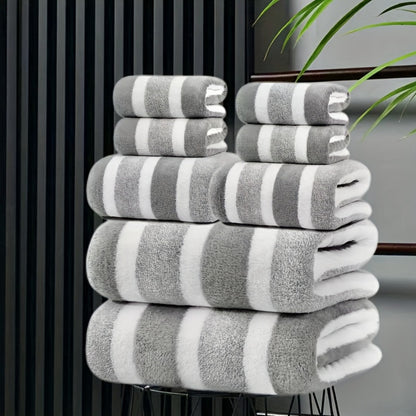 Towel Set 8 Piece Two-Color Striped - Super Absorbent Soft No Hair Loss Bath Towel Combo | 2 Bath Towels 2 Face Towels 4 Hand Towels | Grey Red Blue Green | Bathroom Family Hotel Spa Gift Set