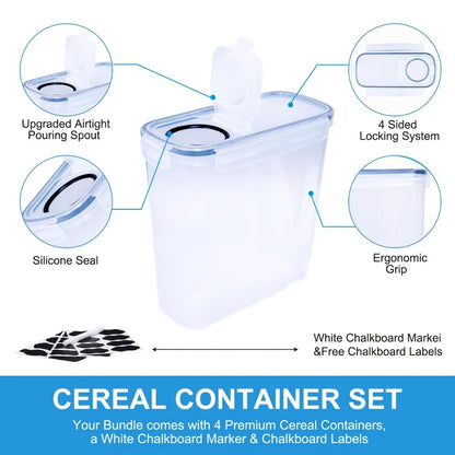 Airtight Food Storage Containers 4 Pack Extra Large 4L/135oz - BPA-Free Plastic Cereal Canisters with Pour Spout for Pantry Organization, Grain, Nuts, Flour & Rice Storage, Includes Labels & Marker