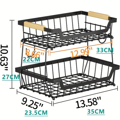 Fruit Basket with Banana Hanger, 2-3 Tier Metal Countertop Organizer with Wooden Handle — Detachable Kitchen Storage Stand for Fruits, Vegetables & Bread | Large Capacity | Black