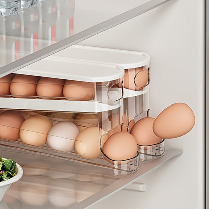 Double Layer Rolling Egg Dispenser Automatic Space Saving Refrigerator Egg Organizer for Cabinet Kitchen Storage Keeps Eggs Fresh White