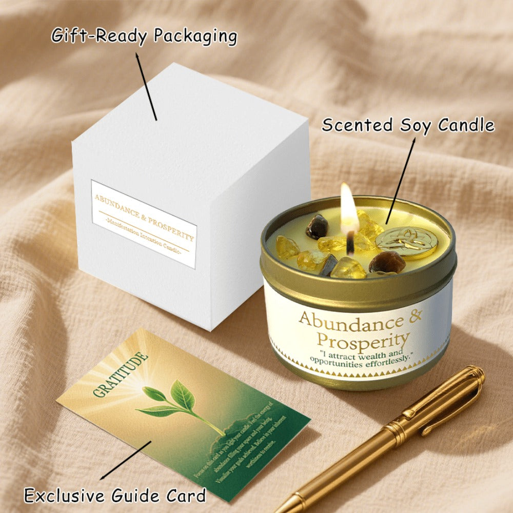 Manifestation Candles Scented Soy Wax with Golden Crystal – Law of Attraction Abundance Candle for Meditation, Yoga & Focus | Spiritual Gift for Women with Guidance Card | Christmas, Birthday, New Year