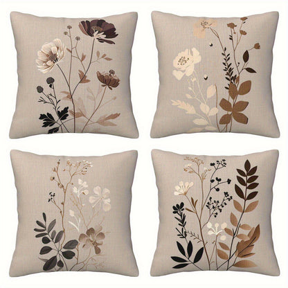 Throw Pillow Covers 18x18 Set of 4 - Floral Botanical Square Cushion Cases Beige Brown Gray | Zipper Closure Machine Washable Decorative Pillows for Living Room Bedroom Sofa Couch Contemporary Decor