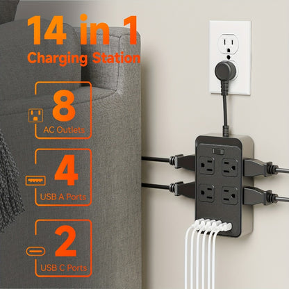 Power Strip Outlet Extender Surge Protector 8 AC Outlets 6 USB Charging Ports 4 USB-A 2 USB-C 3 Inch Short Cord Desk Charging Station for Home Dorm Office Travel White Black