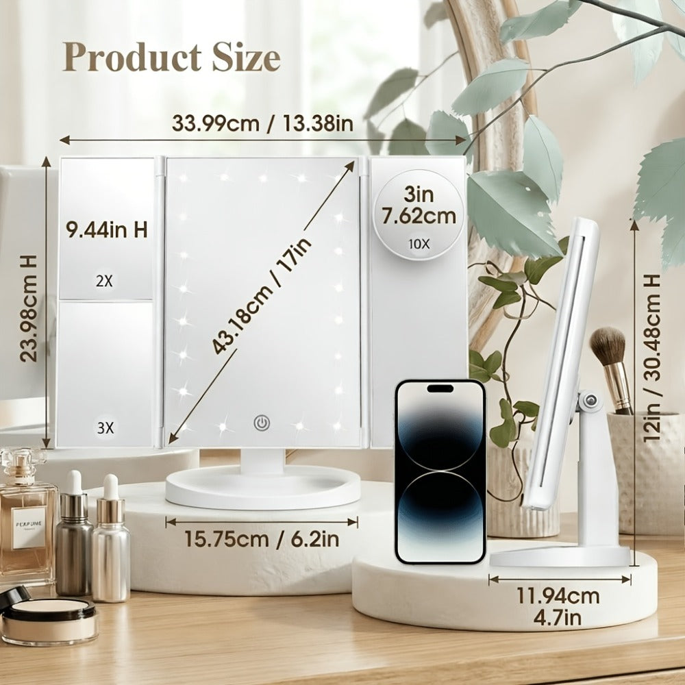 LED Tri-Fold Makeup Mirror with Touch Screen – 1X/2X/3X/10X Magnifying Vanity Mirror, Flexible Adjustable Base, Lighted Travel Mirror for Makeup Desk, Bedroom & Bathroom | Gift for Women