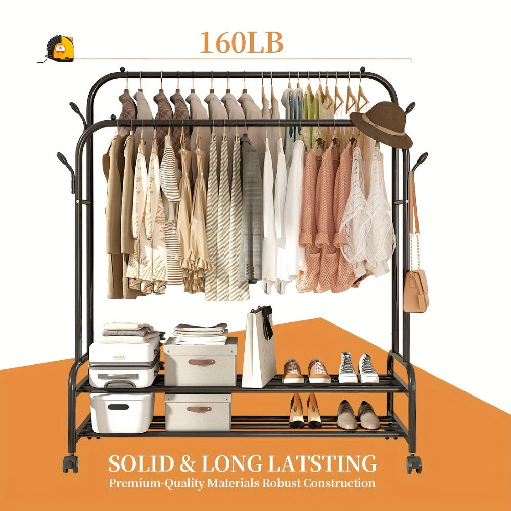 Double Rod Clothes Rack with Wheels Metal Heavy Duty Garment Rack with Shelves and Hooks Portable Closet Organizer for Bedroom Living Room Gold