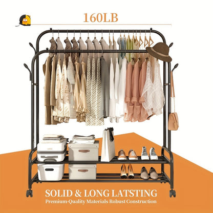 Double Rod Clothes Rack with Wheels Metal Heavy Duty Garment Rack with Shelves and Hooks Portable Closet Organizer for Bedroom Living Room Gold