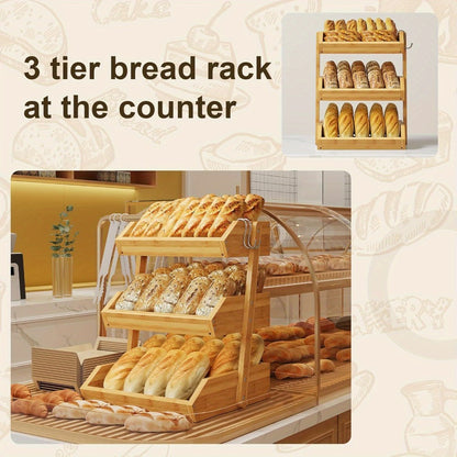 Bamboo Fruit Storage Rack 2-3 Tier with Hooks, Kitchen Counter Organizer for Fruits Vegetables Bread Spices, Freestanding Shelf Basket Display Stand