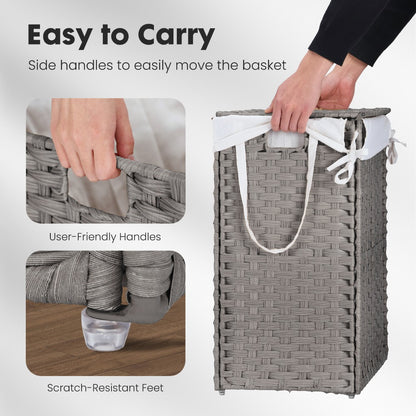 Laundry Hamper with Lid Large Capacity Woven Rattan Storage Basket, Collapsible Clothes Hamper with Handles & Removable Liner, Foldable Breathable Wicker Basket for Bedroom Home Dorm, 2 Sizes
