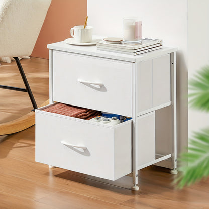 Nightstand with 2 Storage Drawers, 20" Bedside Table with Wooden Top & Fabric Cabinet, Steel Frame Mini Dresser for Bedroom, Dorm, Living Room – 1pc or Set of 2pcs, Black White Grey Rustic Brown