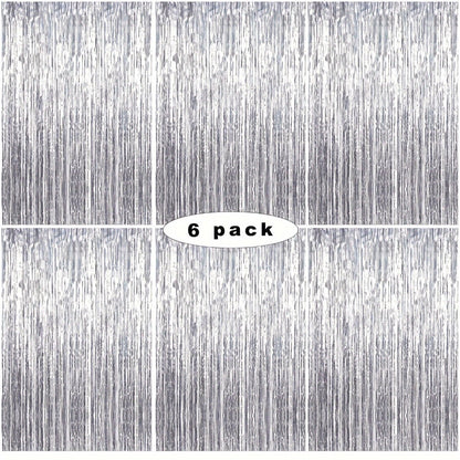 Tinsel Foil Backdrop 6 Packs Metallic Glitter Tassel Curtain – Silver Laser Rain Streamer for Party Photo Booth Birthday Wedding Holiday Doorway Decoration