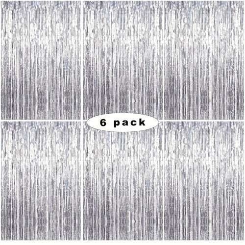 Tinsel Foil Backdrop 6 Packs Metallic Glitter Tassel Curtain – Silver Laser Rain Streamer for Party Photo Booth Birthday Wedding Holiday Doorway Decoration