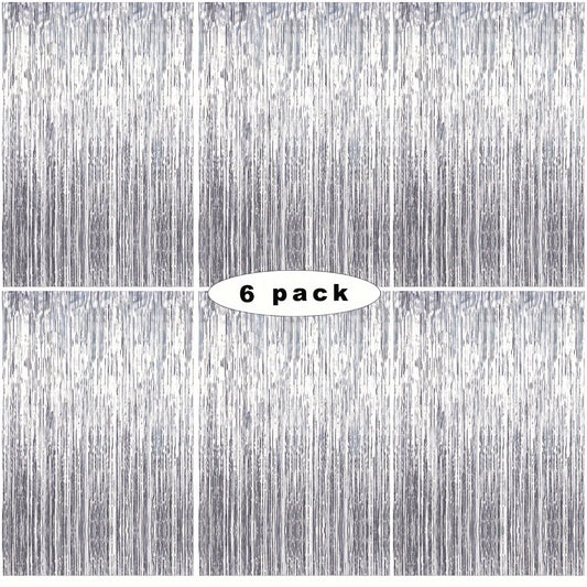 Tinsel Foil Backdrop 6 Packs Metallic Glitter Tassel Curtain – Silver Laser Rain Streamer for Party Photo Booth Birthday Wedding Holiday Doorway Decoration