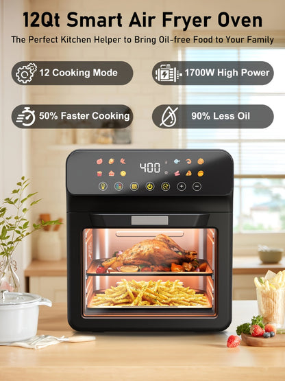 Air Fryer Convection Oven 12QT – 12-in-1 Multi-Function, Touchscreen, Visible Window, Oil-Free Non-Stick Basket, One-Touch Operation, Baking, Roasting, Dehydrating & Fast Cooking