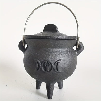 Cast Iron Cauldron with Lid & Handle – Witchcraft Incense Burner, Spell Ritual Pot, Halloween Decor, Pentagram & Triple Moon Styles, Pagan Altar Cauldron