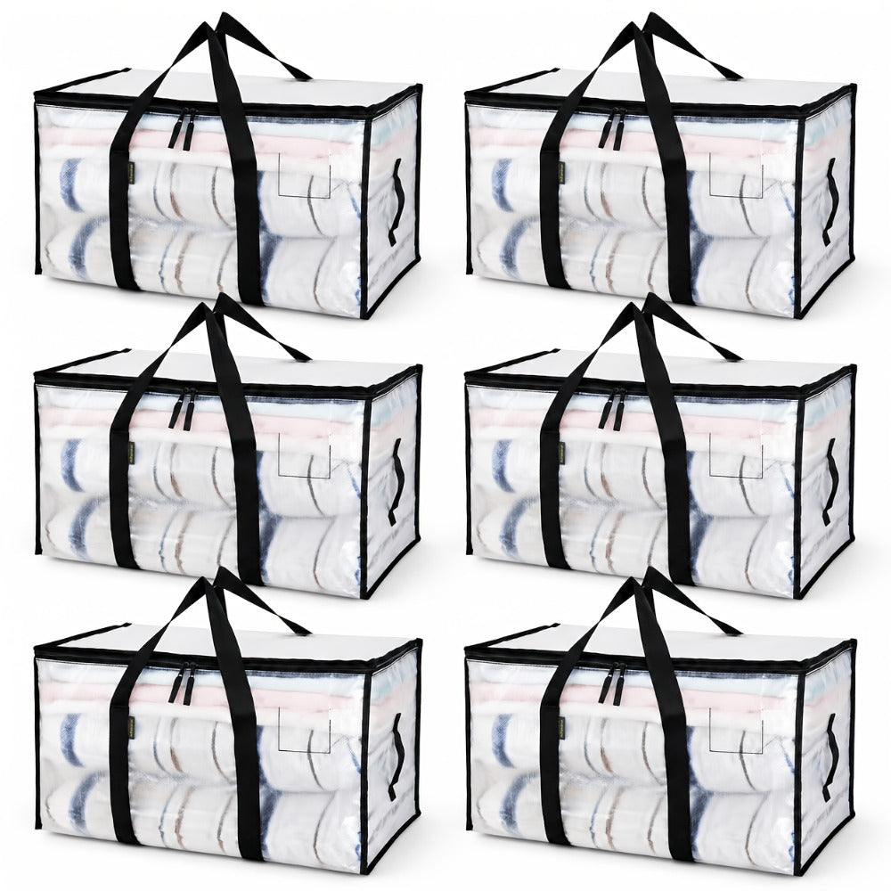 Heavy-Duty Moving Bags Set of 6 – Oversized Storage Totes with Reinforced Handles & Snap-Close Lid, Space Saver Bags for Clothes, Quilts & Moving Supplies, Transparent