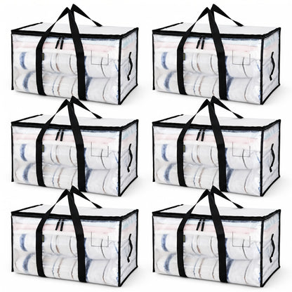 Heavy-Duty Moving Bags Set of 6 – Oversized Storage Totes with Reinforced Handles & Snap-Close Lid, Space Saver Bags for Clothes, Quilts & Moving Supplies, Transparent