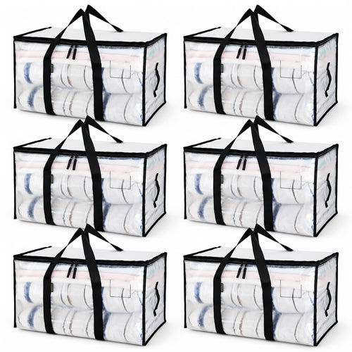 Heavy-Duty Moving Bags Set of 6 – Oversized Storage Totes with Reinforced Handles & Snap-Close Lid, Space Saver Bags for Clothes, Quilts & Moving Supplies, Transparent