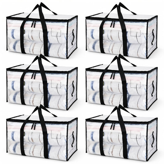 Heavy-Duty Moving Bags Set of 6 – Oversized Storage Totes with Reinforced Handles & Snap-Close Lid, Space Saver Bags for Clothes, Quilts & Moving Supplies, Transparent