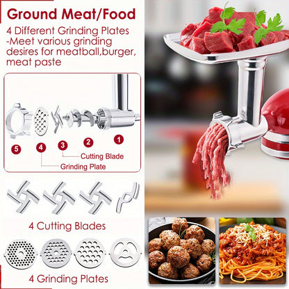 Metal Meat Grinder Attachment for KitchenAid Stand Mixers with 4 Grinding Plates 4 Blades 2 Sausage Stuffer Tubes Holder and Cleaning Brush Food Grinder for All KitchenAid Mixers