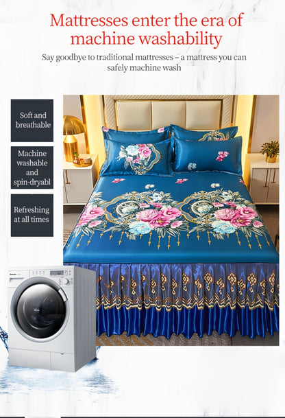 Floral Ruffle Bed Skirt Cool Mat 3 Piece Set with Pillowcase, Double Layer 360° Full Wrap Washable Cooling Mattress Cover, Breathable Summer Bedding Set for Twin Full Queen King, Parisian Romantic Floral