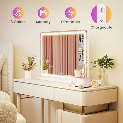 LED Vanity Mirror with Lights – Dimmable 3 Color Modes, Memory Function, USB Port & Aluminum Frame for Bathroom, Bedroom & Desk Makeup Mirror, 13x17 / 22x19 / 32x22 in
