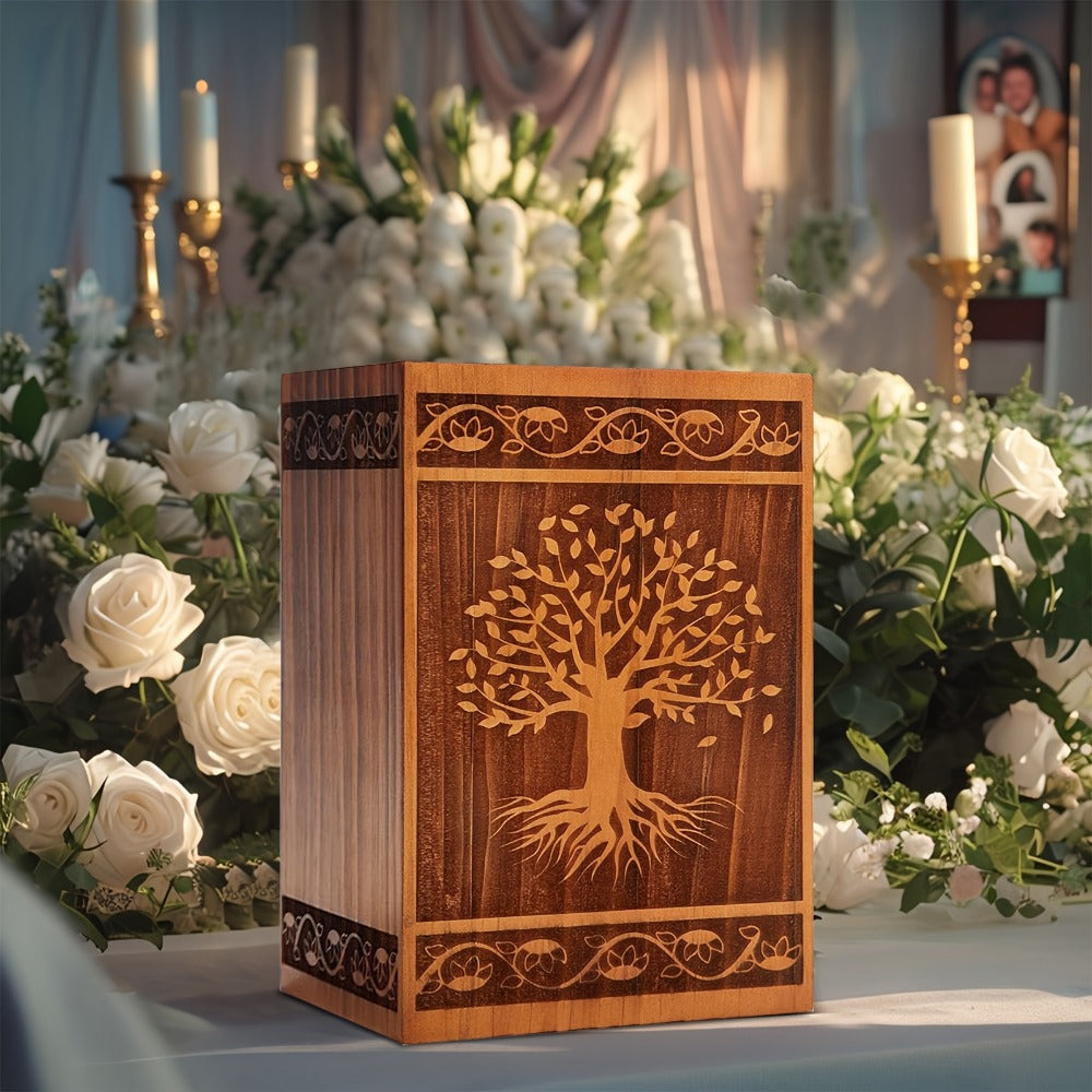 Cremation Urns for Human Ashes Adult – Wood Tree of Life Memorial Urn Box 200 Cu In for Men Women Child Burial Funeral Keepsake Holds Adult Ashes Fits Pets Cat Dog
