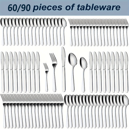 Stainless Steel Silverware Set 60 or 90 Piece with Gift Box – Service for 12 or 18, Includes Steak Knives, Salad Forks & Dessert Spoons, Dishwasher Safe Cutlery for Home, Wedding & Outdoor