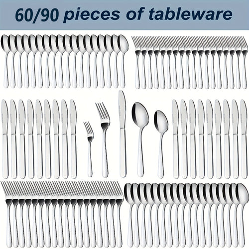 Stainless Steel Silverware Set 60 or 90 Piece with Gift Box – Service for 12 or 18, Includes Steak Knives, Salad Forks & Dessert Spoons, Dishwasher Safe Cutlery for Home, Wedding & Outdoor