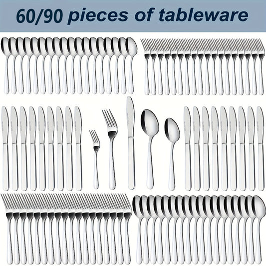 Stainless Steel Silverware Set 60 or 90 Piece with Gift Box – Service for 12 or 18, Includes Steak Knives, Salad Forks & Dessert Spoons, Dishwasher Safe Cutlery for Home, Wedding & Outdoor