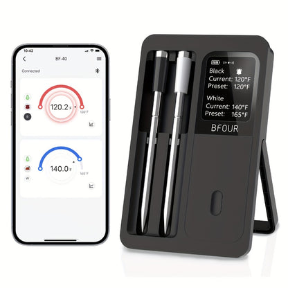 Wireless Meat Thermometer with Dual Probes USB Rechargeable | 2-Probe Digital BBQ Thermometer for Smoker Oven Grill Kitchen | 304 Stainless Steel Food Safe | iOS & Android App Compatible