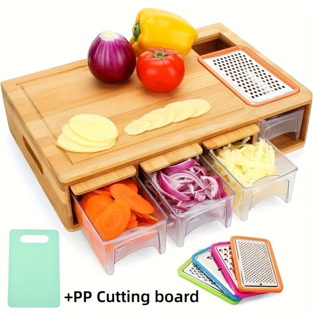 Bamboo Cutting Board with Trays & Drawers – Large Butcher Block Chopping Board with Food Sliding Opening, Stackable Airtight Storage Trays & Bamboo Lids – Kitchen Carving Board Gift for Home Cooks