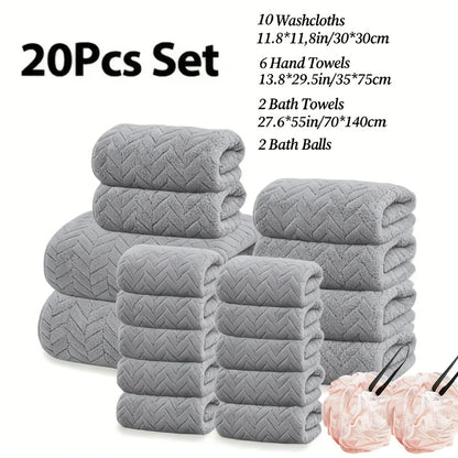 Microfiber Bath Towel Set 18/20pcs - Coral Fleece Absorbent Quick Dry Soft Large Bath Towels for Home Bathroom Spa Gift with Washcloths Bath Ball