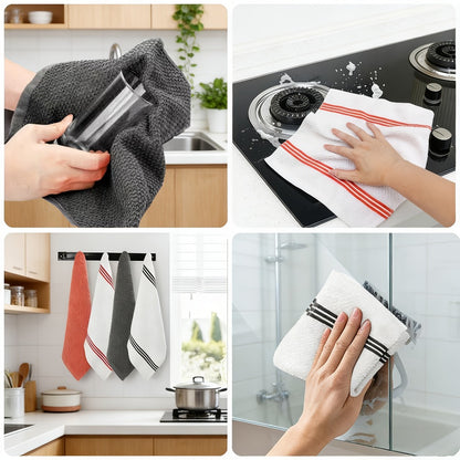 Cotton Kitchen Dish Towel Set 12pcs | 6 Hand Towels 15"x25" & 6 Wash Towels 12"x12" | Striped Weave Absorbent Durable Towels for Cooking Cleaning Drying